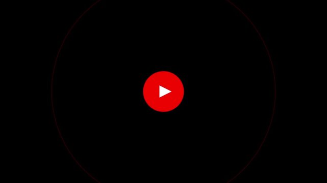 Red play button icon pulsing with concentric rings on black background motion graphic