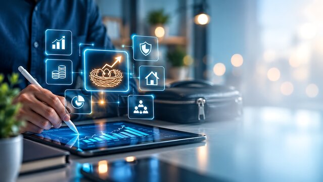 Businessman using digital tablet for retirement planning and wealth management with holographic financial icons.
