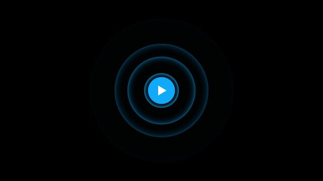 Blue play button icon with concentric audio waves pulsing on black background motion graphics