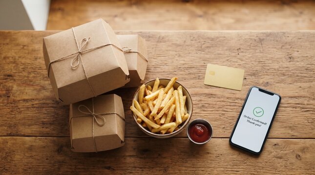 Burger boxes fries and digital payment confirmation on wooden table after order with smartphone showing order brown cardboard burger credit card