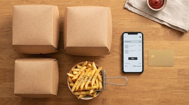 Online food delivery setup with cardboard takeout boxes fries smartphone with checkout screen and credit card on wooden table with concept with order