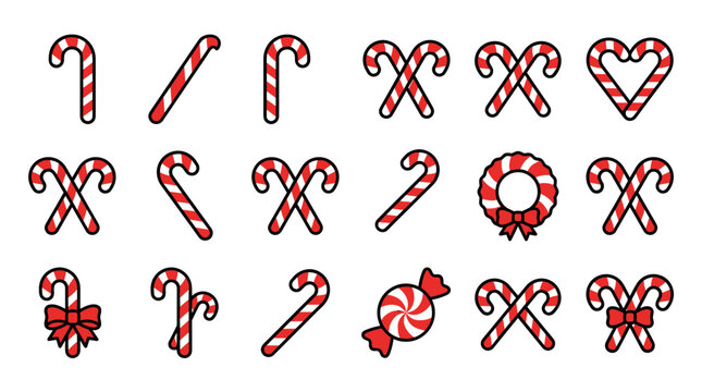 Christmas candy cane vector icons set, red and white peppermint holiday sweets collection, festive sugar cane illustrations with bows and wreaths, winter seasonal treat graphics for design