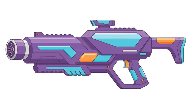 Futuristic laser gun blaster vector illustration in sci fi style with purple body, blue details and orange accents.