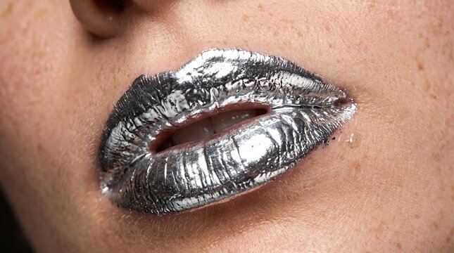 Close up shot of woman lips with metallic silver lipstick and freckled skin texture