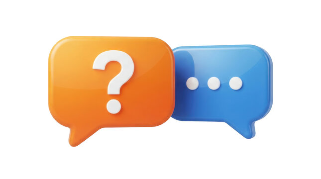 Orange speech bubble with question mark and blue ellipsis on white background