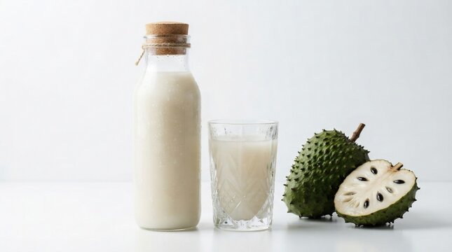 Fresh soursop fruit drink in glass bottle and cup