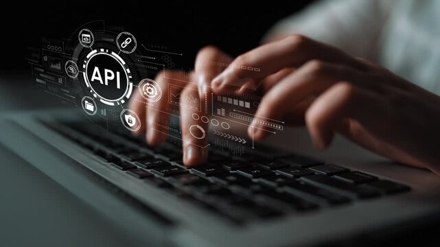 Hands Typing on Laptop Keyboard with API Symbols and Digital Elements Representing Technology and Software Development. Entropy.