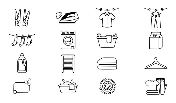 Laundry Washing Drying and Clothes Care Flat Vector Icon Set