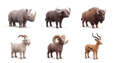 Fototapeta premium Collection of Six Cartoon Style Animal Figurines Including Rhino Goat Bison and Antelope