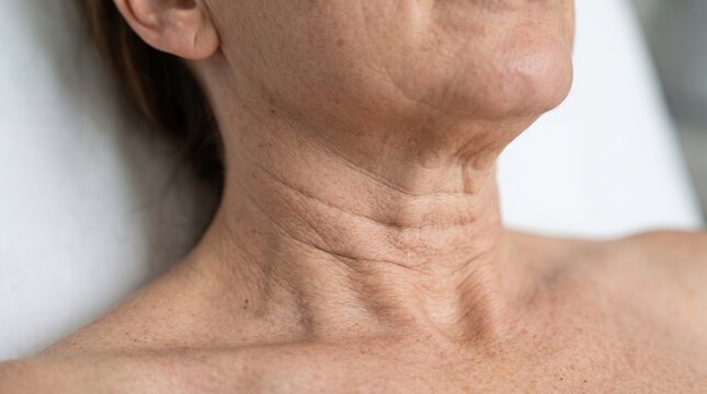 Detailed view of aging skin wrinkles and sagging neck skin on mature woman body