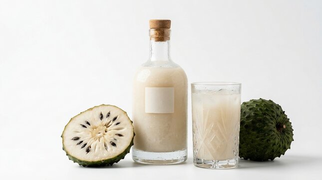 Tropical fruit beverage and fresh produce on white background