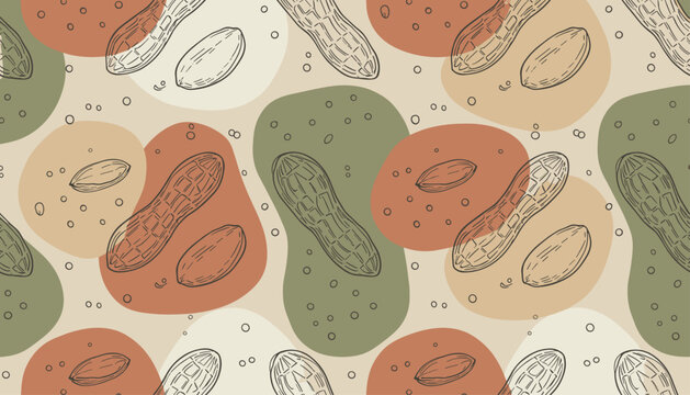 Seamless pattern of hand-drawn peanut shells and kernels overlaying colorful abstract organic shapes in green and brown tones.