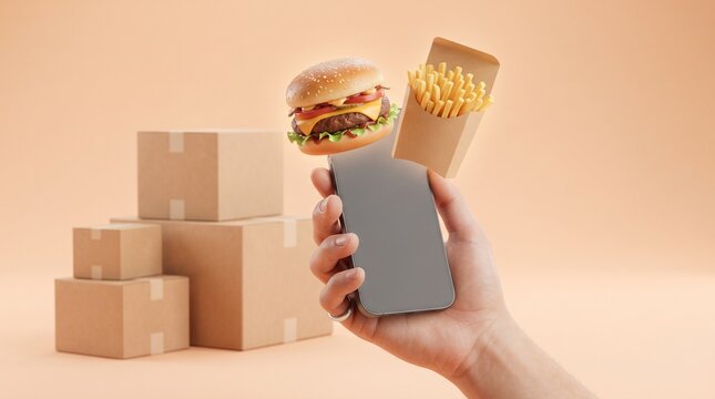 Hand holding smartphone with burger and fries floating above with cardboard boxes in the background with person holds smartphone fast food meal