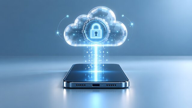 Transparent glass cloud with padlock icon uploading data from smartphone. Secure mobile cloud storage and encrypted backup concept.