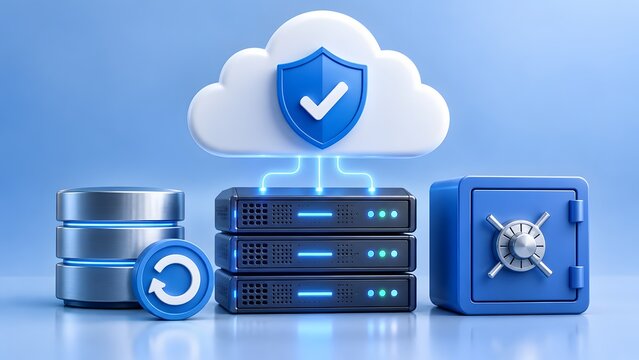 3D illustration of secure cloud storage concept with server rack, database backup, and safety vault on blue background.