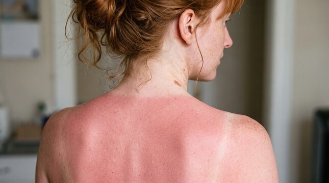 Rear view of young woman with painful red sunburn on shoulders and upper back skin peeling