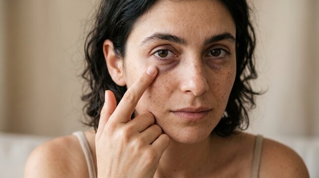 Portrait of young brunette woman pointing to dark circles and puffiness under eye area