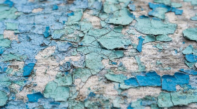 Old weathered wood surface with cracked blue and green paint peeling off in a rustic and vintage texture pattern