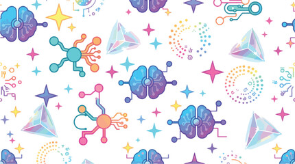 Fototapeta premium Abstract Artificial Intelligence Pattern Featuring Neural Network Brains and Geometric Crystal Icons for Futuristic Digital Technology Backgrounds