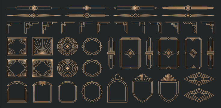 AArt Deco frame. Geometric ornament border. Vintage 1920s luxury golden style dividers, corners, frames, headers. Retro elegance element for invitation, card, poster. Vector set