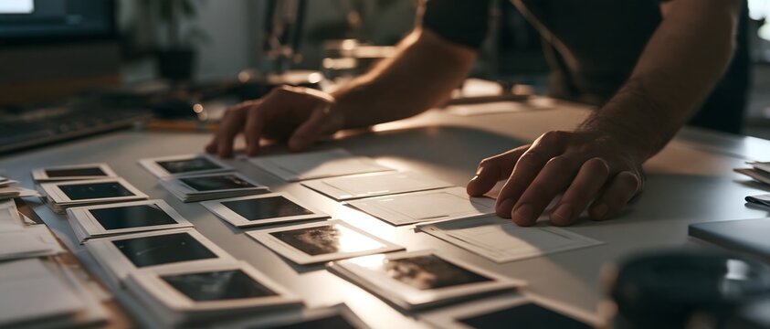 Creative workflow with young motion designer reviewing photo layout and visual concept on desk, using printed image, paper, and digital screen in warm studio light