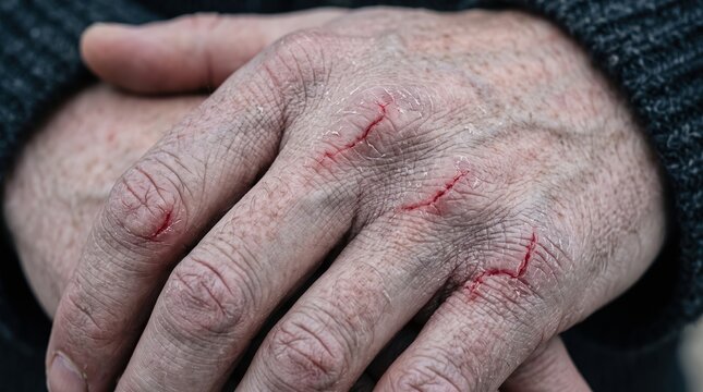 Close up of severely dry cracked hands with bleeding skin fissures on knuckles
