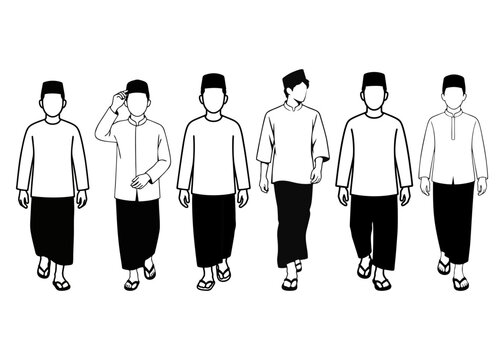 Illustration of a standing Muslim man wearing a sarong and a peci