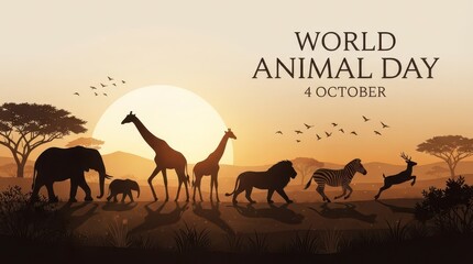 Fototapeta premium African animals silhouette on sunset savanna background celebrating world animal day 