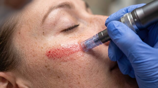 Microneedling therapy procedure with electric pen causing microbleeding on freckled face