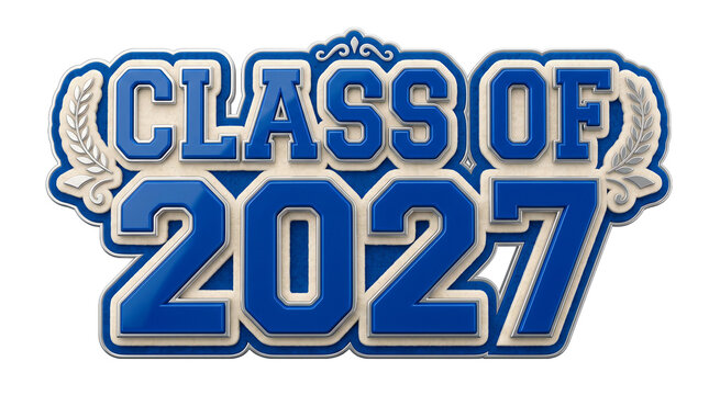 Class of 2027 lettering patch in blue varsity style with silver laurel branches on transparent background. Graduation emblem design with decorative silver ornaments.