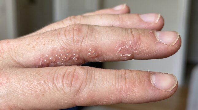 Dyshidrotic eczema blisters and peeling skin on human fingers close up