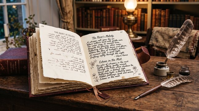 Open poetry book &mdash; an open book with handwritten poems, a pen nearby, elegant literary atmosphere.