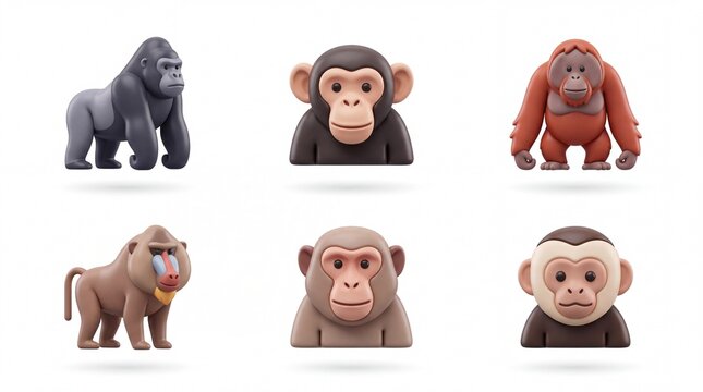 Collection of Six Cartoon Monkeys in Various Colors and Styles on White Background