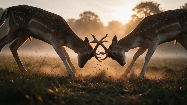 Two male fallow deer stags locking antlers in a fierce battle during rutting season at golden hour sunrise with dust kicking up from the grass.