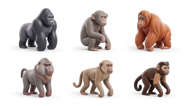 Set of Six Colorful Monkey Figurines in Different Poses on White Background