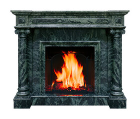Obraz premium PNG Ornate dark marble fireplace with glowing flames isolated