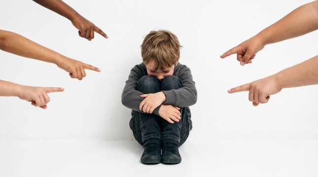 Sad little boy sitting on the floor hugging his knees while multiple diverse hands point fingers at him, concept of bullying, victim blaming, child abuse, and peer pressure isolated on a white 
