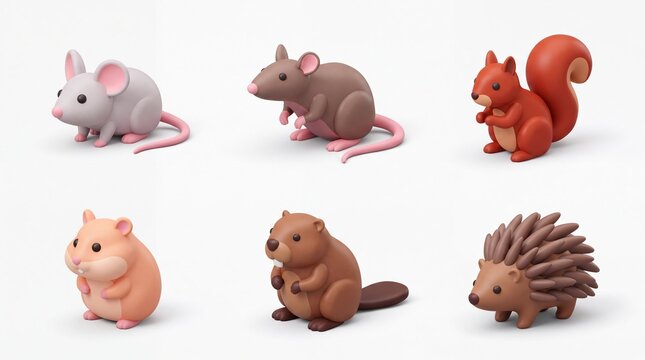 Cute Cartoon Animal Figures Collection with Mice Squirrel Hedgehog Hamster and Mouse in Bright Colors