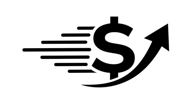 Dollar Symbol Accelerating Upward with Speed Motion Lines and Growth Arrow Silhouette Icon for Financial Fintech App UI Design
