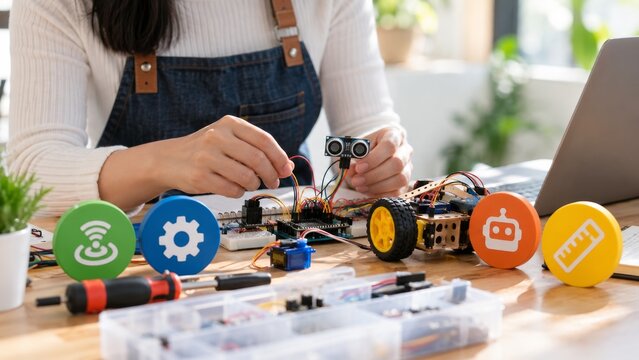 Student assembling electronic robotic kit for stem education engineering projects.