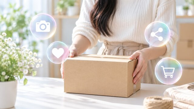 Woman packing cardboard box for online delivery shipment with social media icons concept.