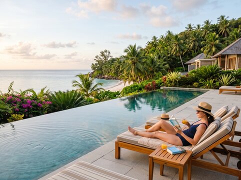 Peaceful Vacation Scene with Woman Reading by Pool Overlooking Coastline