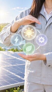 Engineer holding sustainable renewable energy symbols solar panels power generation concept.
