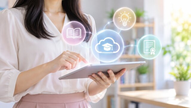 Woman using digital tablet for online education and cloud learning interactive virtual symbols for professional development training.