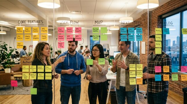 Diverse team of professional software developers and product managers collaborating in a modern office, planning project workflows and core features on a glass wall with colorful sticky notes.
