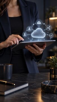 Business professional using digital cloud computing interface for global network connectivity management solution strategy.