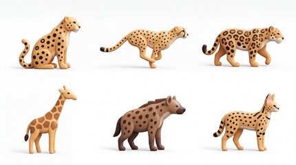 Obraz premium Set of Six Toy Animal Figures Including Cheetah Giraffe Hyena and Leopard in Cartoon Style