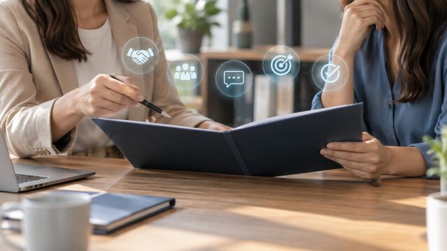 Professional business meeting strategy session with digital icons displayed on desktop environment for corporate planning performance.