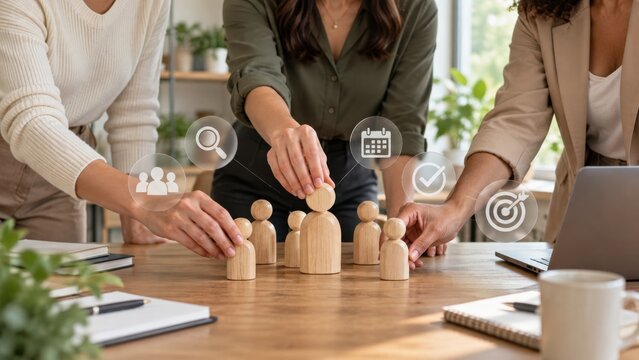 Professional business team collaboration strategy with wooden human figures and digital icons for corporate management success planning.