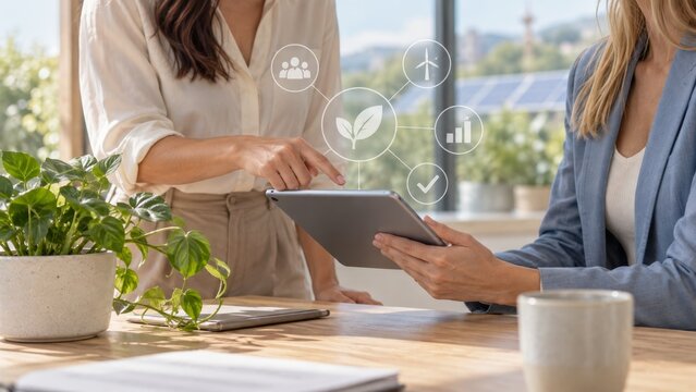 Business professionals using digital tablet for sustainable energy solutions and eco friendly strategy planning.